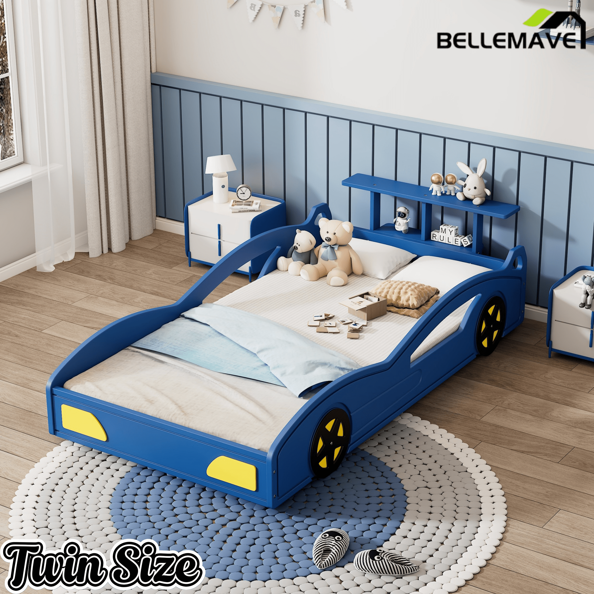 Bellemave® Twin Size Race Car Bed for Boys,Cool Car Bed Frame with Storage Shelves,Car Shaped Kids Bed Twin Size with Wheels,Red - Bellemave