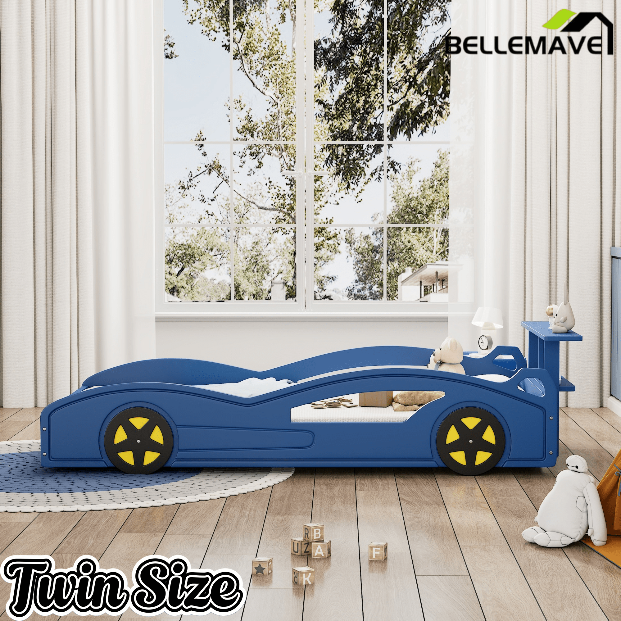 Bellemave® Twin Size Race Car Bed for Boys,Cool Car Bed Frame with Storage Shelves,Car Shaped Kids Bed Twin Size with Wheels,Red - Bellemave