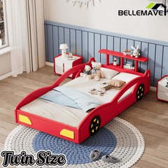 Bellemave® Twin Size Race Car Bed for Boys,Cool Car Bed Frame with Storage Shelves,Car Shaped Kids Bed Twin Size with Wheels,Red - Bellemave