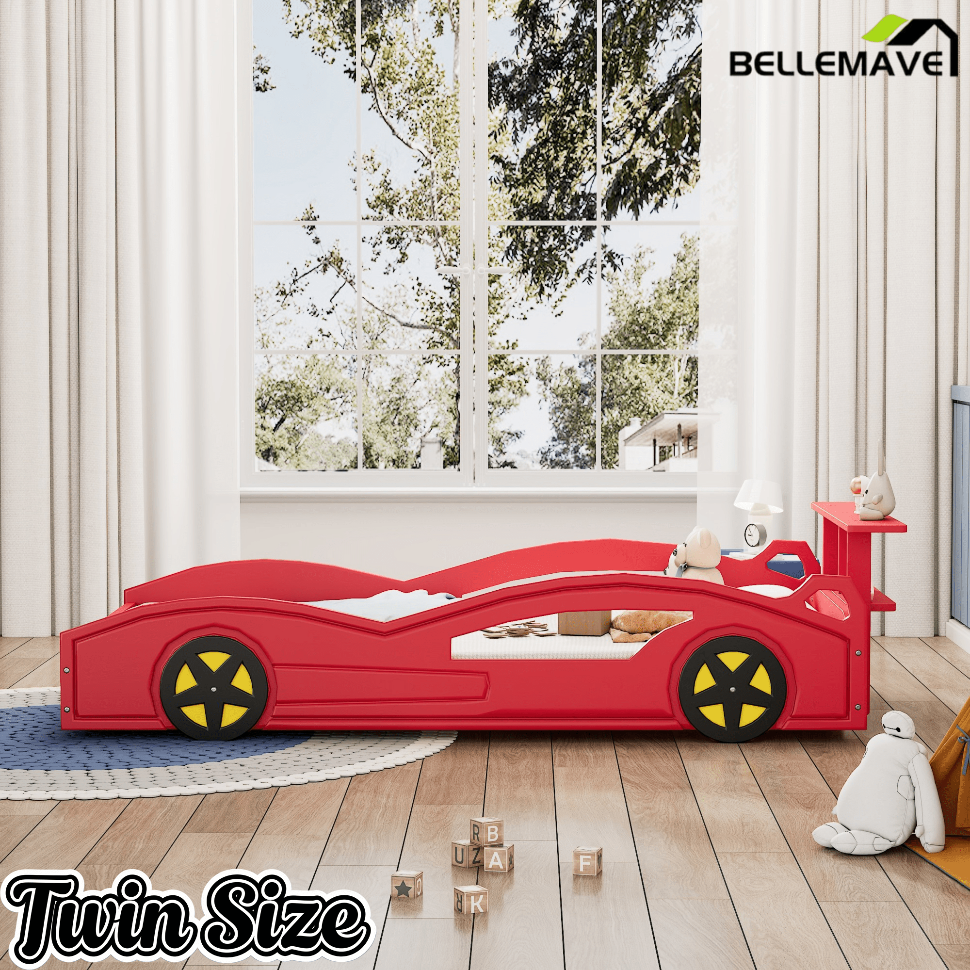 Bellemave® Twin Size Race Car Bed for Boys,Cool Car Bed Frame with Storage Shelves,Car Shaped Kids Bed Twin Size with Wheels,Red - Bellemave