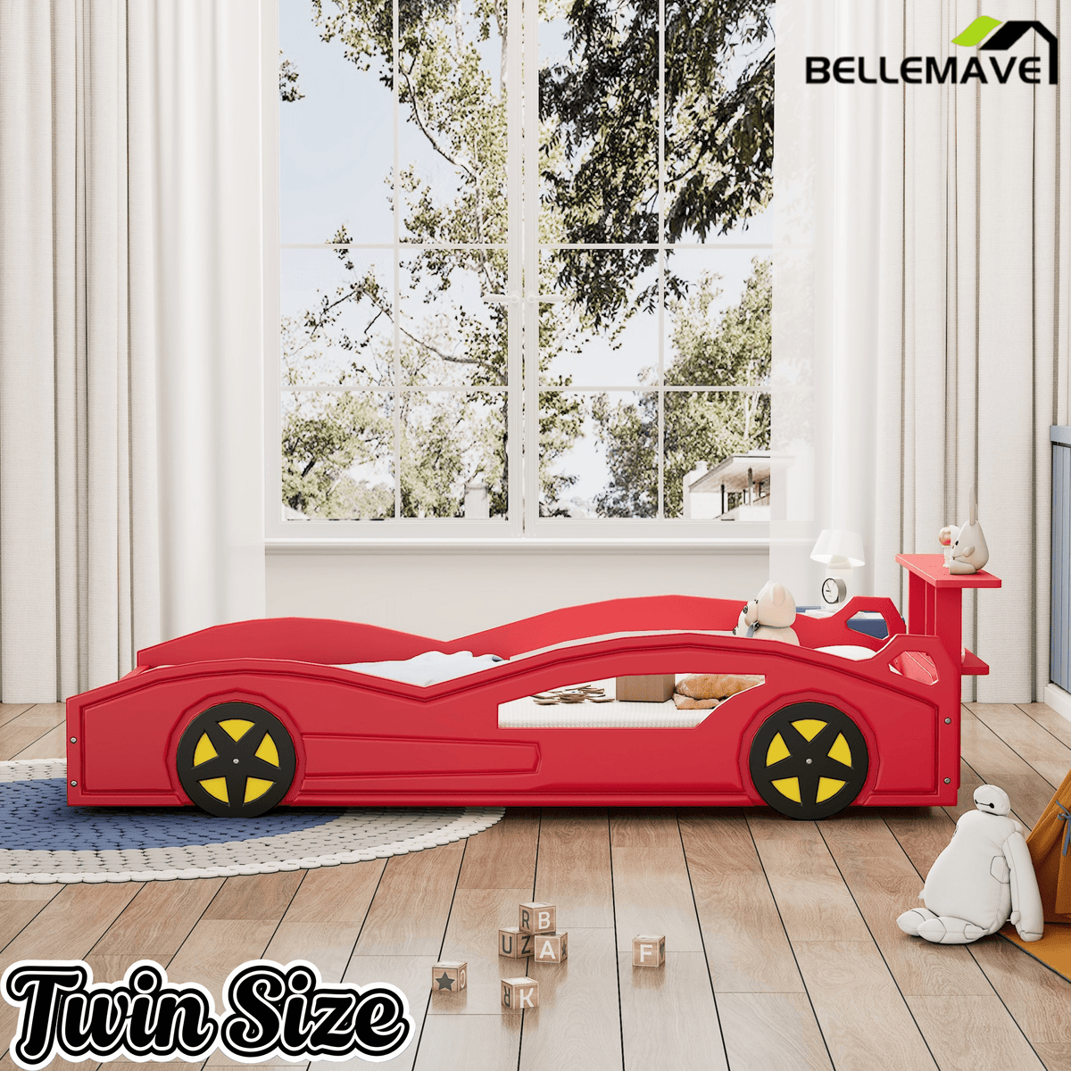 Bellemave® Twin Size Race Car Bed for Boys,Cool Car Bed Frame with Storage Shelves,Car Shaped Kids Bed Twin Size with Wheels,Red - Bellemave