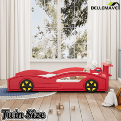 Bellemave® Twin Size Race Car Bed for Boys,Cool Car Bed Frame with Storage Shelves,Car Shaped Kids Bed Twin Size with Wheels,Red - Bellemave