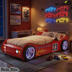 Bellemave® Twin Size Race Car Bed for Kids with LED Wheel Lights, Racing Car Bed Frame with Safety Guardrails - Bellemave