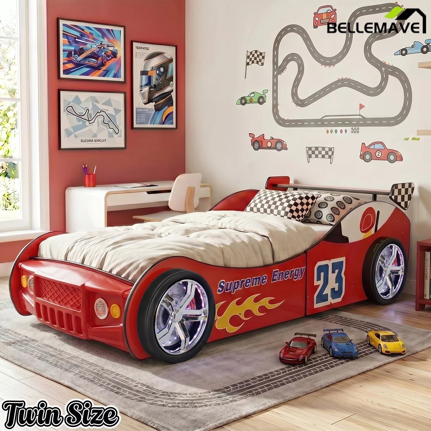 Bellemave® Twin Size Race Car Bed for Kids with LED Wheel Lights, Racing Car Bed Frame with Safety Guardrails - Bellemave
