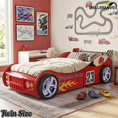 Bellemave® Twin Size Race Car Bed for Kids with LED Wheel Lights, Racing Car Bed Frame with Safety Guardrails - Bellemave