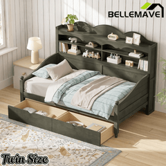 Bellemave® Twin Size Retro Daybed with Storage Drawers & Headboard Shelves | No Box Spring - Bellemave