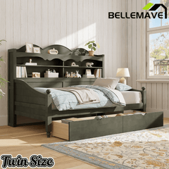 Bellemave® Twin Size Retro Daybed with Storage Drawers & Headboard Shelves | No Box Spring - Bellemave
