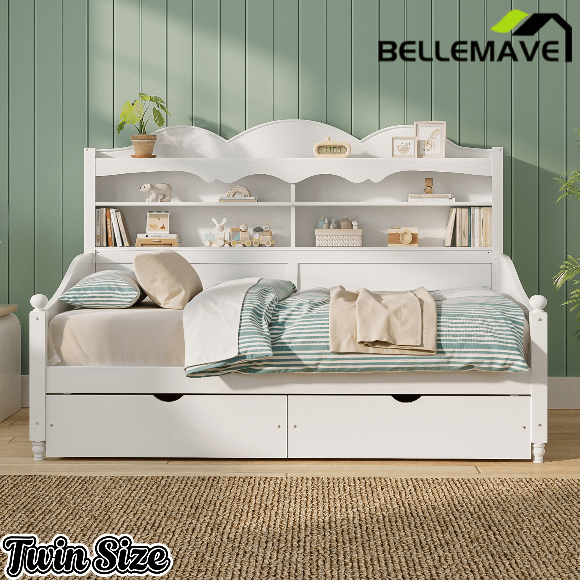 Bellemave® Twin Size Retro Daybed with Storage Drawers & Headboard Shelves | No Box Spring - Bellemave