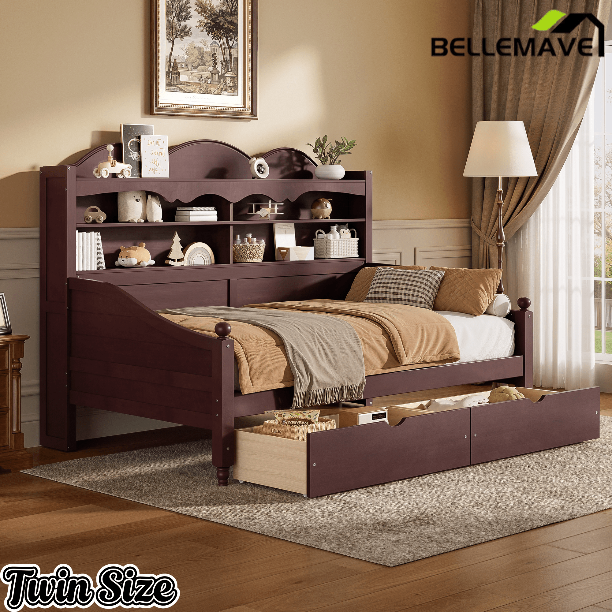 Bellemave® Twin Size Retro Daybed with Storage Drawers & Headboard Shelves | No Box Spring - Bellemave