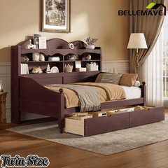 Bellemave® Twin Size Retro Daybed with Storage Drawers & Headboard Shelves | No Box Spring - Bellemave