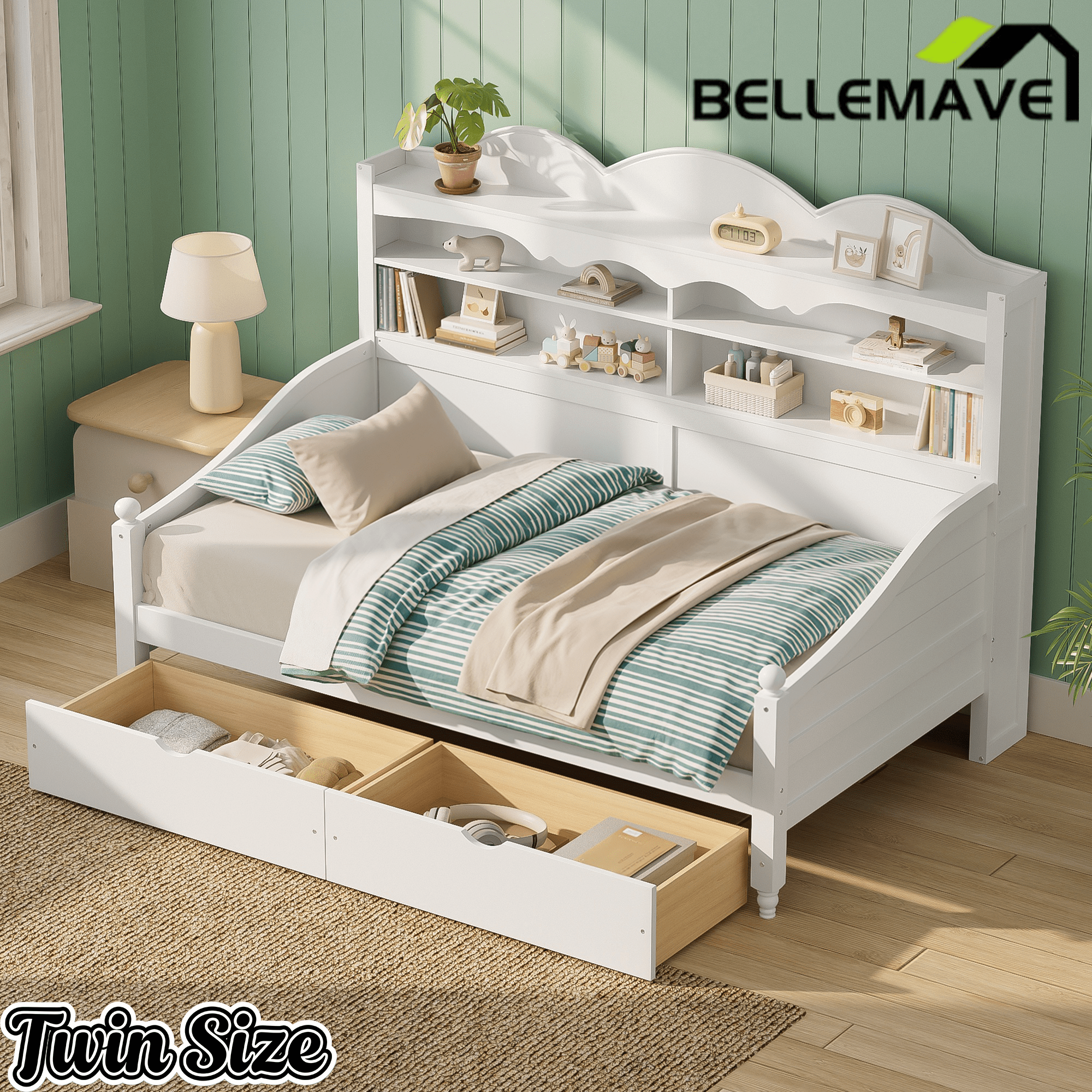 Bellemave® Twin Size Retro Daybed with Storage Drawers & Headboard Shelves | No Box Spring - Bellemave