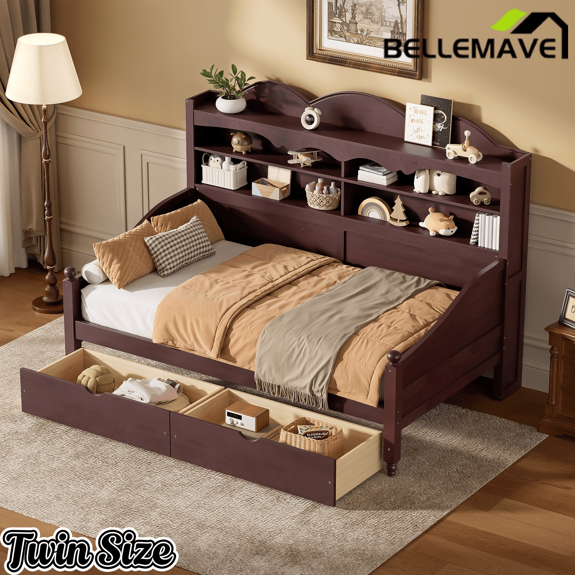 Bellemave® Twin Size Retro Daybed with Storage Drawers & Headboard Shelves | No Box Spring - Bellemave