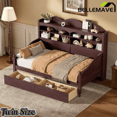 Bellemave® Twin Size Retro Daybed with Storage Drawers & Headboard Shelves | No Box Spring - Bellemave