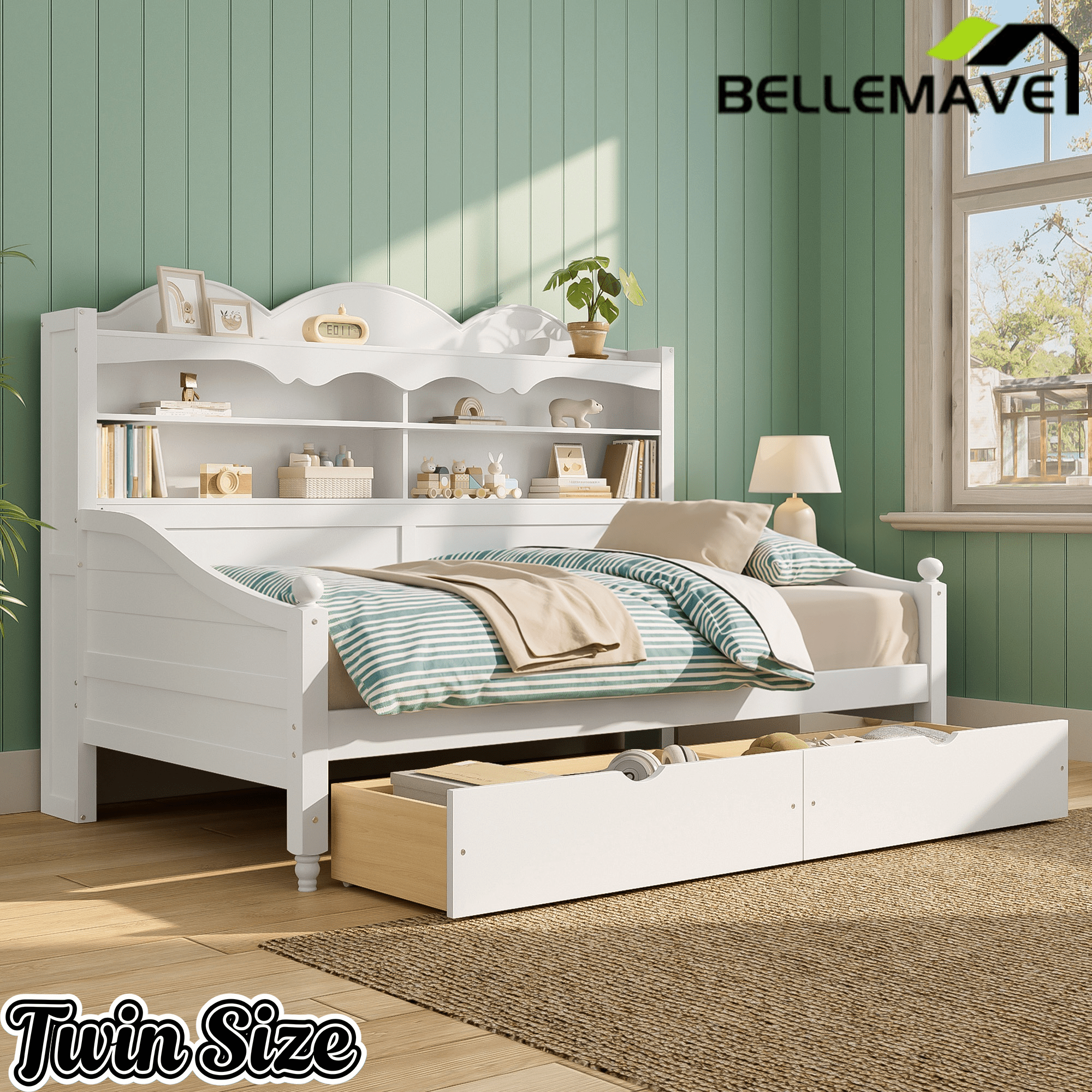 Bellemave® Twin Size Retro Daybed with Storage Drawers & Headboard Shelves | No Box Spring - Bellemave
