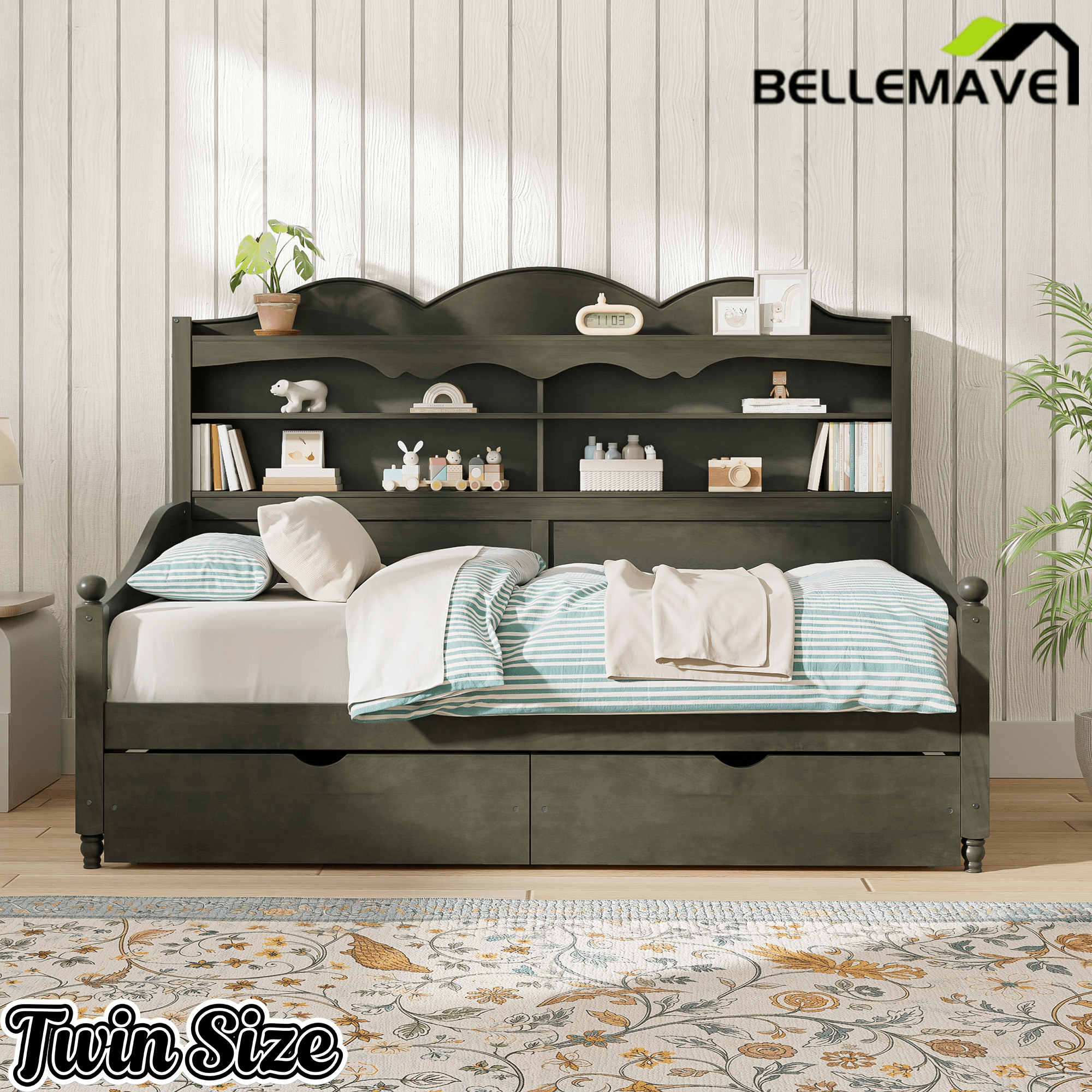 Bellemave® Twin Size Retro Daybed with Storage Drawers & Headboard Shelves | No Box Spring - Bellemave