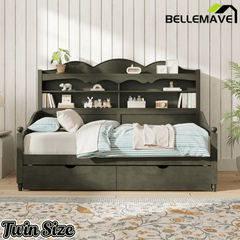 Bellemave® Twin Size Retro Daybed with Storage Drawers & Headboard Shelves | No Box Spring - Bellemave