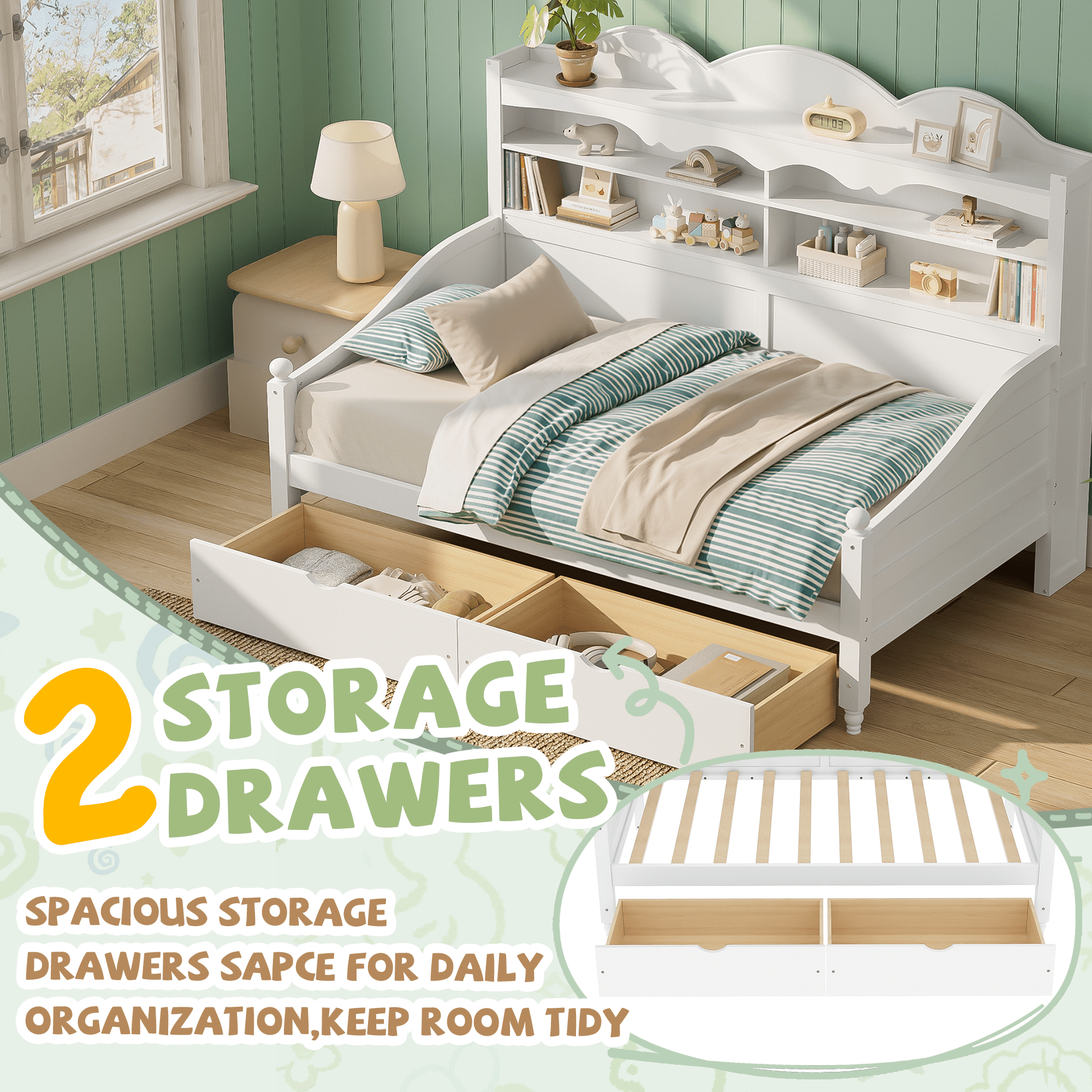 Bellemave® Twin Size Retro Daybed with Storage Drawers & Headboard Shelves | No Box Spring - Bellemave