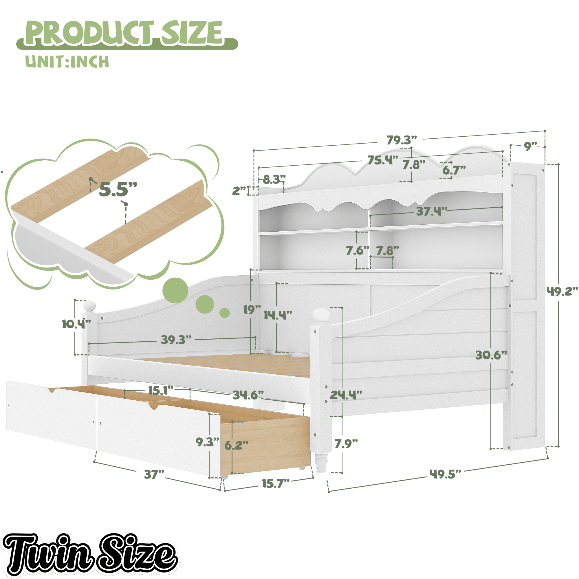 Bellemave® Twin Size Retro Daybed with Storage Drawers & Headboard Shelves | No Box Spring - Bellemave