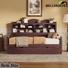 Bellemave® Twin Size Retro Daybed with Storage Drawers & Headboard Shelves | No Box Spring - Bellemave