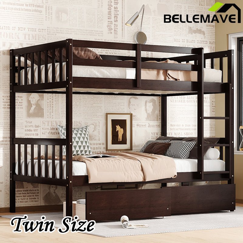 Bellemave® Twin Size Rubber Wood Bunk Bed with 2 Drawers, Ladder and Safety Guardrail(Convertible ) - Bellemave