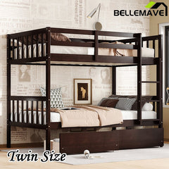 Bellemave® Twin Size Rubber Wood Bunk Bed with 2 Drawers, Ladder and Safety Guardrail(Convertible ) - Bellemave