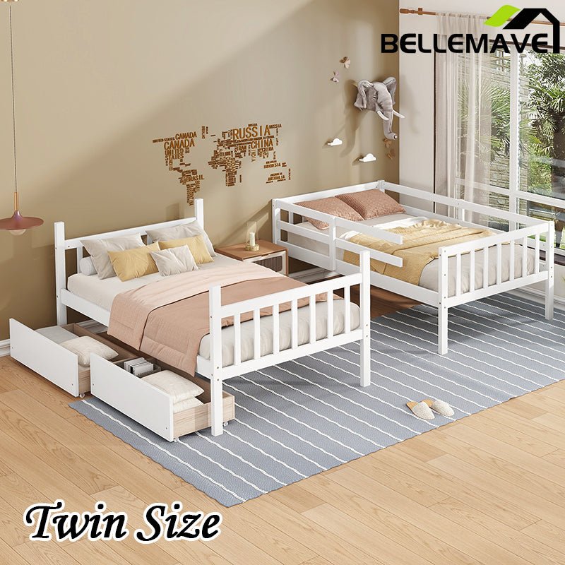 Bellemave® Twin Size Rubber Wood Bunk Bed with 2 Drawers, Ladder and Safety Guardrail(Convertible ) - Bellemave