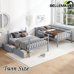 Bellemave® Twin Size Rubber Wood Bunk Bed with 2 Drawers, Ladder and Safety Guardrail(Convertible ) - Bellemave