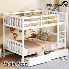 Bellemave® Twin Size Rubber Wood Bunk Bed with 2 Drawers, Ladder and Safety Guardrail(Convertible ) - Bellemave