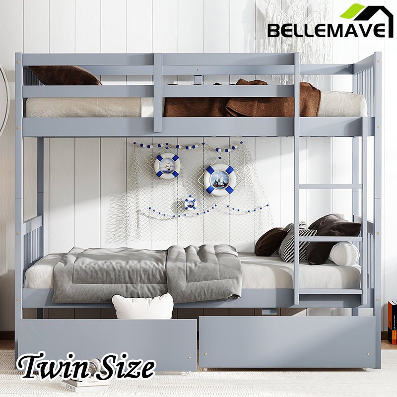 Bellemave® Twin Size Rubber Wood Bunk Bed with 2 Drawers, Ladder and Safety Guardrail(Convertible ) - Bellemave
