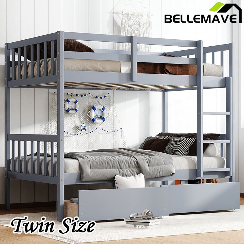 Bellemave® Twin Size Rubber Wood Bunk Bed with 2 Drawers, Ladder and Safety Guardrail(Convertible ) - Bellemave