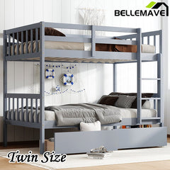 Bellemave® Twin Size Rubber Wood Bunk Bed with 2 Drawers, Ladder and Safety Guardrail(Convertible ) - Bellemave