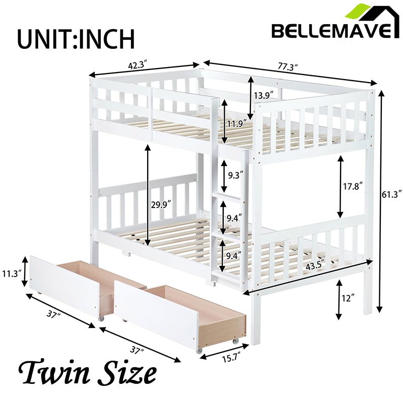 Bellemave® Twin Size Rubber Wood Bunk Bed with 2 Drawers, Ladder and Safety Guardrail(Convertible ) - Bellemave