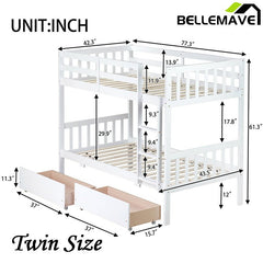 Bellemave® Twin Size Rubber Wood Bunk Bed with 2 Drawers, Ladder and Safety Guardrail(Convertible ) - Bellemave