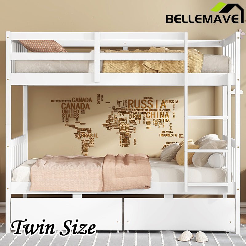 Bellemave® Twin Size Rubber Wood Bunk Bed with 2 Drawers, Ladder and Safety Guardrail(Convertible ) - Bellemave
