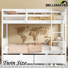 Bellemave® Twin Size Rubber Wood Bunk Bed with 2 Drawers, Ladder and Safety Guardrail(Convertible ) - Bellemave
