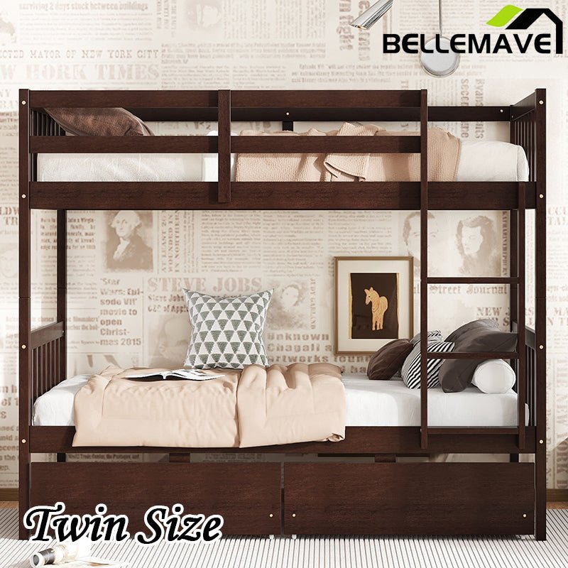 Bellemave® Twin Size Rubber Wood Bunk Bed with 2 Drawers, Ladder and Safety Guardrail(Convertible ) - Bellemave