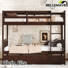 Bellemave® Twin Size Rubber Wood Bunk Bed with 2 Drawers, Ladder and Safety Guardrail(Convertible ) - Bellemave