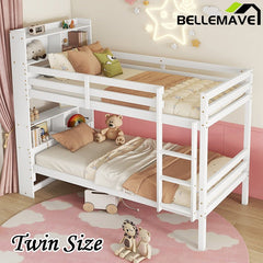 Bellemave® Twin Size Rubber Wood Bunk Bed with Shelves Headboard, Safety Guardrails and Ladder(Convertible) - Bellemave