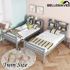Bellemave® Twin Size Rubber Wood Bunk Bed with Shelves Headboard, Safety Guardrails and Ladder(Convertible) - Bellemave