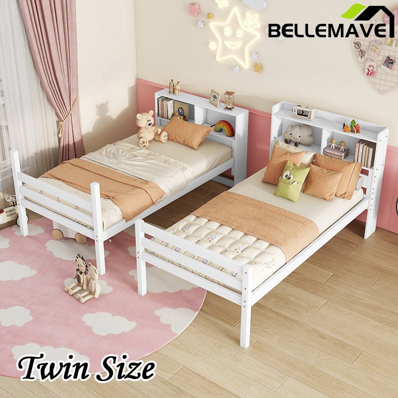 Bellemave® Twin Size Rubber Wood Bunk Bed with Shelves Headboard, Safety Guardrails and Ladder(Convertible) - Bellemave