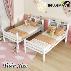 Bellemave® Twin Size Rubber Wood Bunk Bed with Shelves Headboard, Safety Guardrails and Ladder(Convertible) - Bellemave