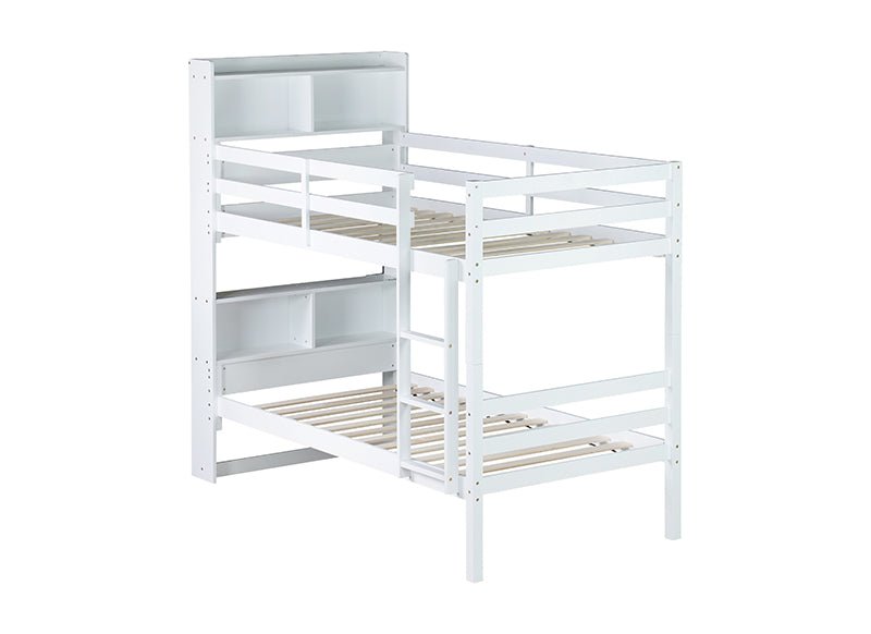 Bellemave® Twin Size Rubber Wood Bunk Bed with Shelves Headboard, Safety Guardrails and Ladder(Convertible) - Bellemave