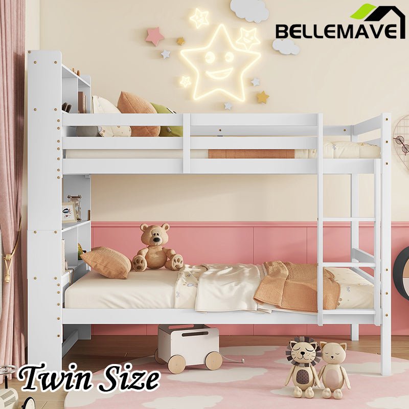 Bellemave® Twin Size Rubber Wood Bunk Bed with Shelves Headboard, Safety Guardrails and Ladder(Convertible) - Bellemave