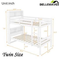 Bellemave® Twin Size Rubber Wood Bunk Bed with Shelves Headboard, Safety Guardrails and Ladder(Convertible) - Bellemave
