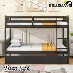 Bellemave® Twin Size Rubber Wood Bunk Bed with Trundle Bed, Convertible into 2 Twin Size Beds - Bellemave