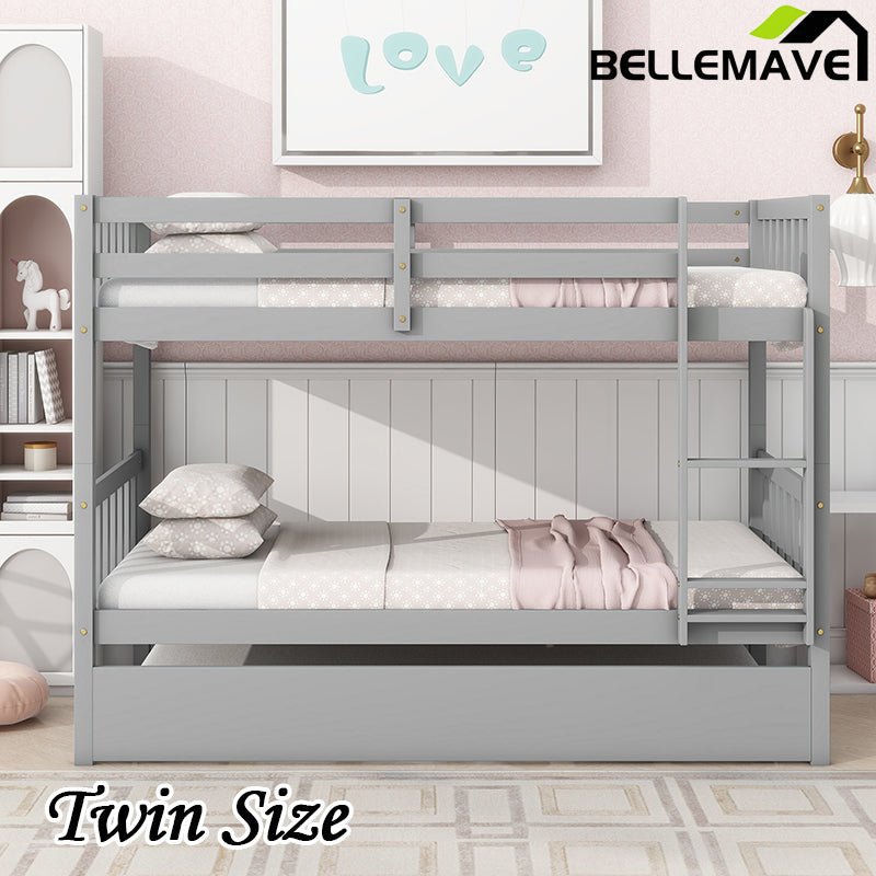 Bellemave® Twin Size Rubber Wood Bunk Bed with Trundle Bed, Convertible into 2 Twin Size Beds - Bellemave