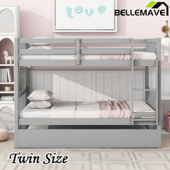 Bellemave® Twin Size Rubber Wood Bunk Bed with Trundle Bed, Convertible into 2 Twin Size Beds - Bellemave