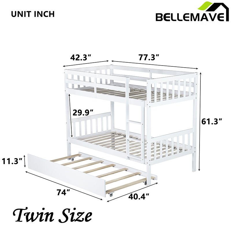 Bellemave® Twin Size Rubber Wood Bunk Bed with Trundle Bed, Convertible into 2 Twin Size Beds - Bellemave