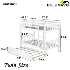 Bellemave® Twin Size Rubber Wood Bunk Bed with Trundle Bed, Convertible into 2 Twin Size Beds - Bellemave
