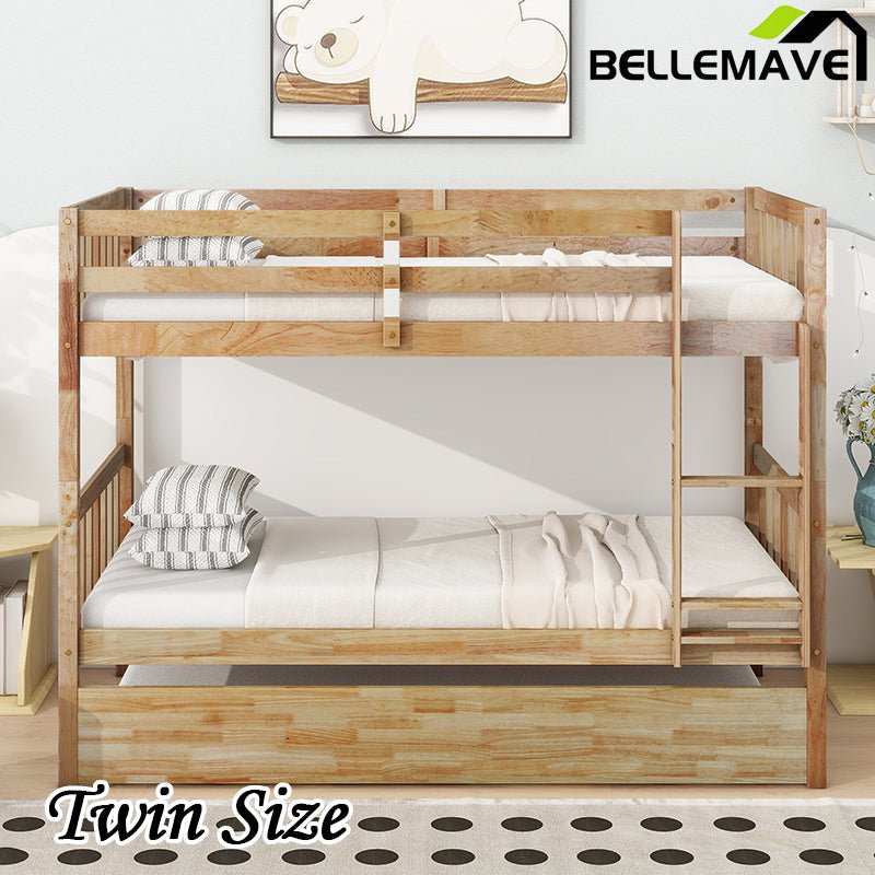 Bellemave® Twin Size Rubber Wood Bunk Bed with Trundle Bed, Convertible into 2 Twin Size Beds - Bellemave
